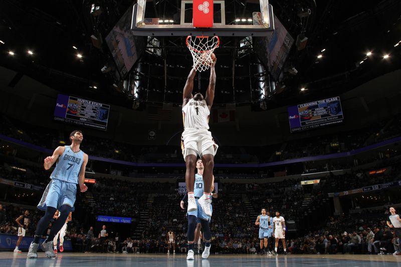 MEMPHIS, TN - FEBRUARY 12: Zion Williamson #1 of the New Orleans Pelicans drives to the basket during the game against the Memphis Grizzlies on February 12, 2024 at FedExForum in Memphis, Tennessee. NOTE TO USER: User expressly acknowledges and agrees that, by downloading and or using this photograph, User is consenting to the terms and conditions of the Getty Images License Agreement. Mandatory Copyright Notice: Copyright 2024 NBAE (Photo by Joe Murphy/NBAE via Getty Images)