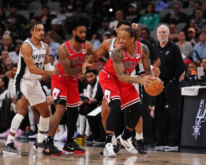 SAN ANTONIO, TX - JANUARY 13: DeMar DeRozan #11 of the Chicago Bulls looks to pass the ball during the game against the San Antonio Spurs on January 13, 2024 at the Frost Bank Center in San Antonio, Texas. NOTE TO USER: User expressly acknowledges and agrees that, by downloading and or using this photograph, user is consenting to the terms and conditions of the Getty Images License Agreement. Mandatory Copyright Notice: Copyright 2024 NBAE (Photos by Darren Carroll/NBAE via Getty Images)