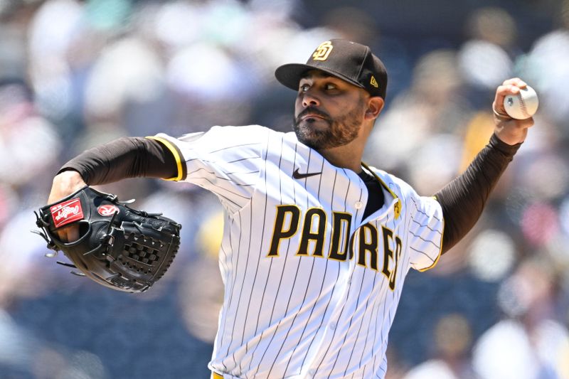 August 14, 2024; San Diego, California, USA;  San Diego Padres pitcher Martin Perez (54) throws against the Pittsburgh Pirates during the first inning at Petco Park. Mandatory Credit: Denis Poroy-USA TODAY Sports 