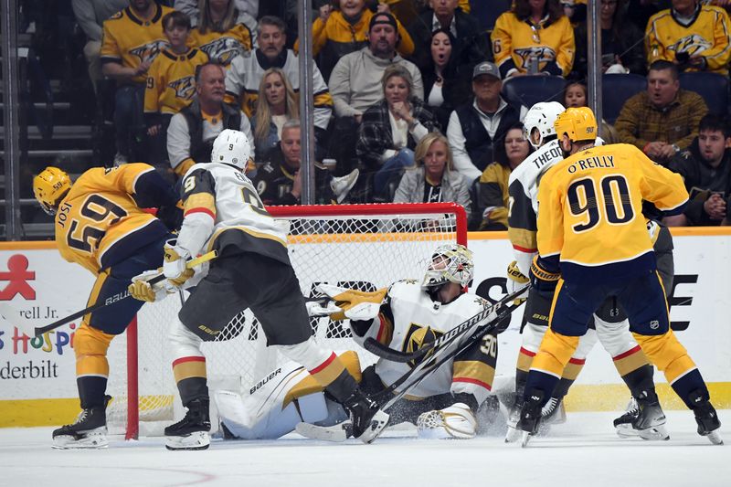 Mar 26, 2024; Nashville, Tennessee, USA; Nashville Predators defenseman Roman Josi (59) scores the game-winning goal against Vegas Golden Knights goaltender Jiri Patera (30) in overtime at Bridgestone Arena. Mandatory Credit: Christopher Hanewinckel-USA TODAY Sports