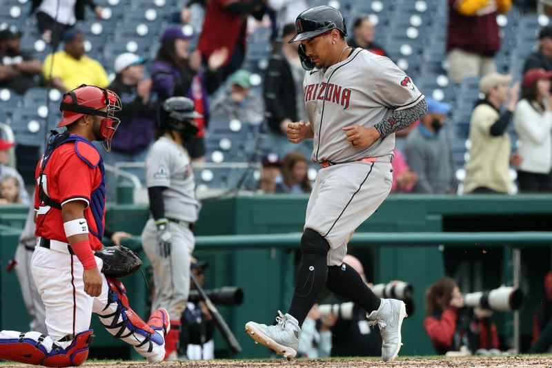 Apr 6, 2025; Washington, District of Columbia, USA; dArizona Diamondbacks first baseman Josh Naylor (22) scores a run during the eighth inning against the Washington Nationals at Nationals Park. Mandatory Credit: Daniel Kucin Jr.-Imagn Images