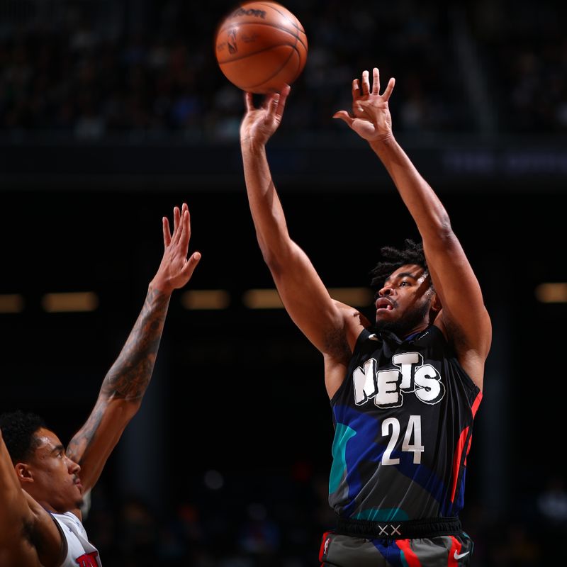 BROOKLYN, NY - APRIL 6: Cam Thomas #24 of the Brooklyn Nets shoots the ball during the game against the Detroit Pistons on April 6, 2024 at Barclays Center in Brooklyn, New York. NOTE TO USER: User expressly acknowledges and agrees that, by downloading and or using this Photograph, user is consenting to the terms and conditions of the Getty Images License Agreement. Mandatory Copyright Notice: Copyright 2024 NBAE (Photo by David L. Nemec/NBAE via Getty Images)