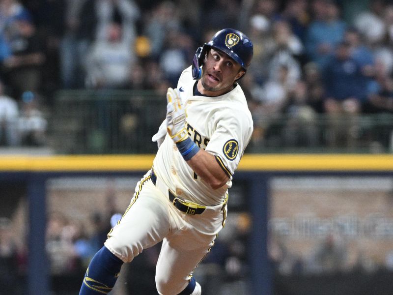 Apr 28, 2024; Milwaukee, Wisconsin, USA; Milwaukee Brewers outfielder Sal Frelick (10) rounds second base against the New York Yankees in the fifth inning at American Family Field. Mandatory Credit: Michael McLoone-USA TODAY Sports