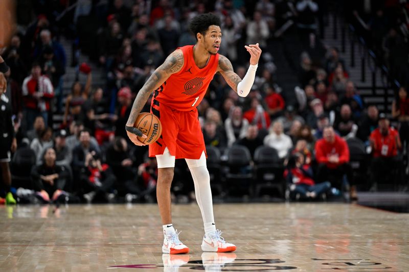 PORTLAND, OREGON - JANUARY 17: Anfernee Simons #1 of the Portland Trail Blazers gestures during the fourth quarter against the Brooklyn Nets at the Moda Center on January 17, 2024 in Portland, Oregon. The Portland Trail Blazers won 105-103. NOTE TO USER: User expressly acknowledges and agrees that, by downloading and or using this photograph, User is consenting to the terms and conditions of the Getty Images License Agreement. (Photo by Alika Jenner/Getty Images)