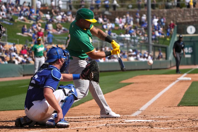 Feb 25, 2024; Phoenix, Arizona, USA; Oakland Athletics second baseman Jordan Diaz (13) bats against the Los Angeles Dodgers during the second inning at Camelback Ranch-Glendale. Mandatory Credit: Joe Camporeale-USA TODAY Sports