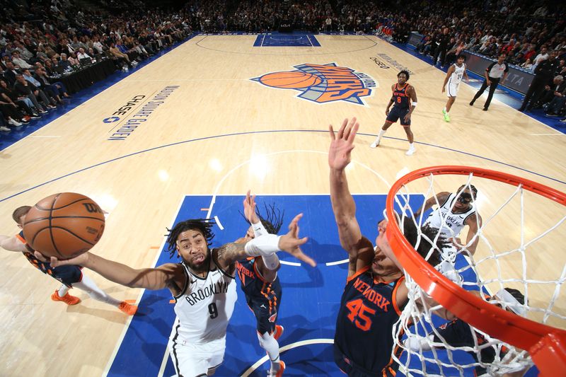 NEW YORK, NY - APRIL 12: Trendon Watford #9 of the Brooklyn Nets drives to the basket during the game against the New York Knicks on April 12, 2024 at Madison Square Garden in New York City, New York.  NOTE TO USER: User expressly acknowledges and agrees that, by downloading and or using this photograph, User is consenting to the terms and conditions of the Getty Images License Agreement. Mandatory Copyright Notice: Copyright 2024 NBAE  (Photo by Nathaniel S. Butler/NBAE via Getty Images)