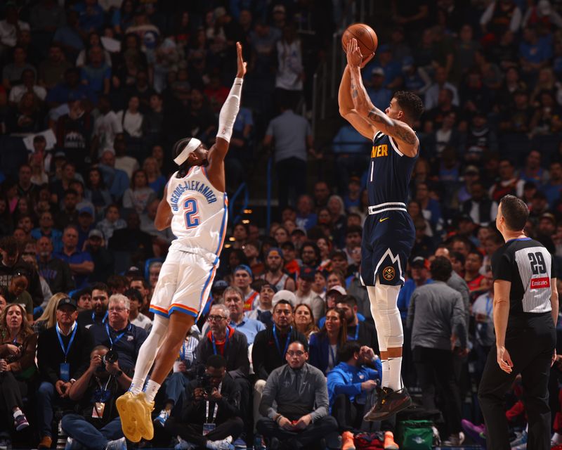 OKLAHOMA CITY, OK - MARCH 10: Michael Porter Jr. #1 of the Denver Nuggets shoots the ball during the game against the Oklahoma City Thunder on March 10, 2025 at Paycom Center in Oklahoma City, Oklahoma. NOTE TO USER: User expressly acknowledges and agrees that, by downloading and or using this photograph, User is consenting to the terms and conditions of the Getty Images License Agreement. Mandatory Copyright Notice: Copyright 2025 NBAE(Photo by Zach Beeker/NBAE via Getty Images)