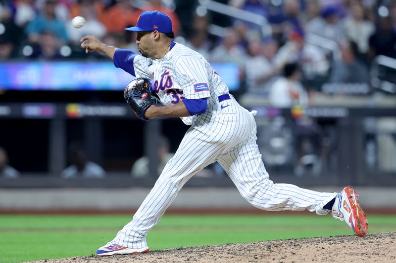 Jun 13, 2024; New York City, New York, USA; New York Mets relief pitcher Edwin Diaz (39) pitches against the Miami Marlins during the ninth inning at Citi Field. Mandatory Credit: Brad Penner-USA TODAY Sports