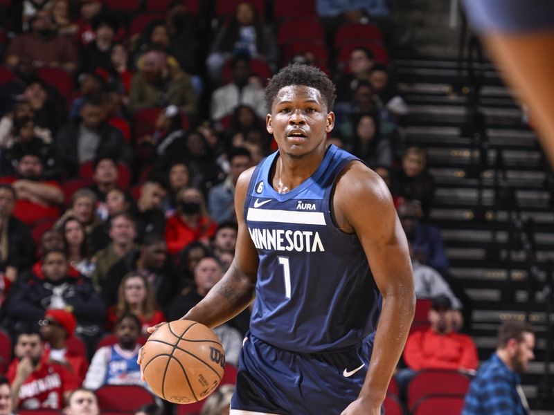 HOUSTON, TX - JANUARY 23:   Anthony Edwards #1 of the Minnesota Timberwolves drives to the basket during the game against the  Houston Rockets on January 23, 2023 at the Toyota Center in Houston, Texas. NOTE TO USER: User expressly acknowledges and agrees that, by downloading and or using this photograph, User is consenting to the terms and conditions of the Getty Images License Agreement. Mandatory Copyright Notice: Copyright 2023 NBAE (Photo by Logan Riely/NBAE via Getty Images)