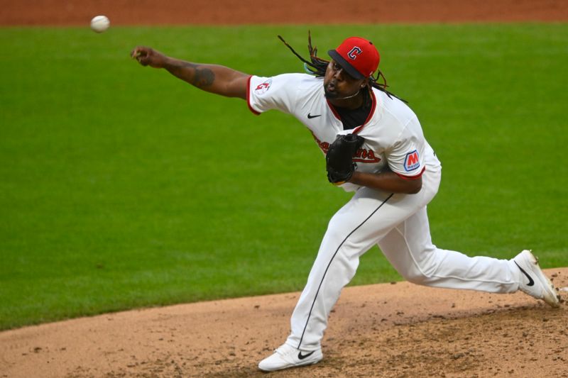 Apr 30, 2025; Cleveland, Ohio, USA; Cleveland Guardians starting pitcher Luis Ortiz (45) delivers a pitch in the sixth inning against the Minnesota Twins at Progressive Field. Mandatory Credit: David Richard-Imagn Images