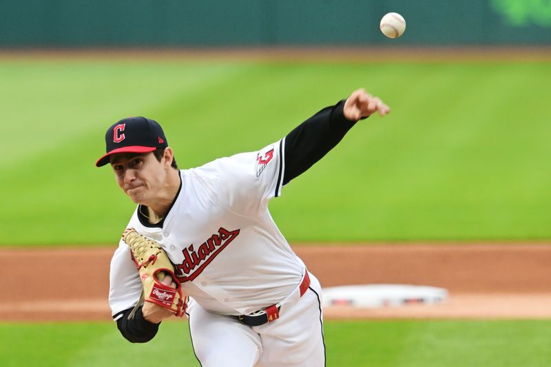 Apr 9, 2024; Cleveland, Ohio, USA; Cleveland Guardians starting pitcher Logan Allen (41) throws a pitch during the first inning against the Chicago White Sox at Progressive Field. Mandatory Credit: Ken Blaze-USA TODAY Sports