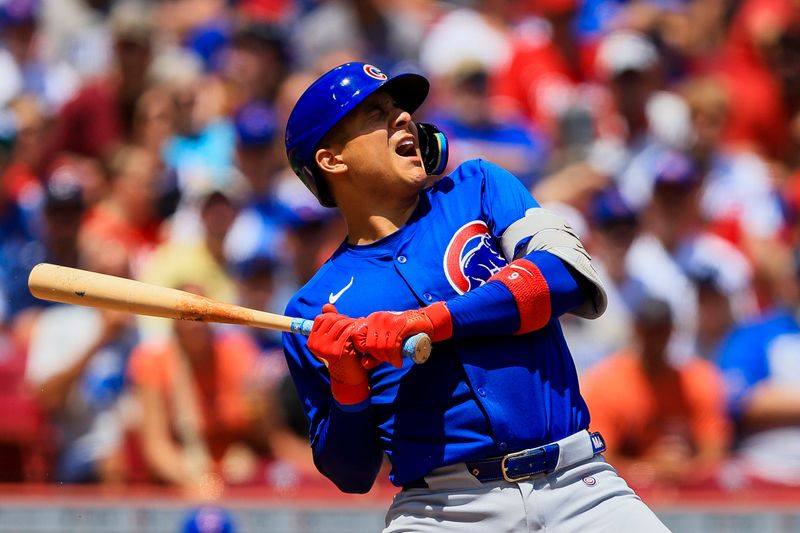 Jun 9, 2024; Cincinnati, Ohio, USA; Chicago Cubs catcher Miguel Amaya (9) reacts after getting hit by a wild pitch in the third inning against the Cincinnati Reds at Great American Ball Park. Mandatory Credit: Katie Stratman-USA TODAY Sports