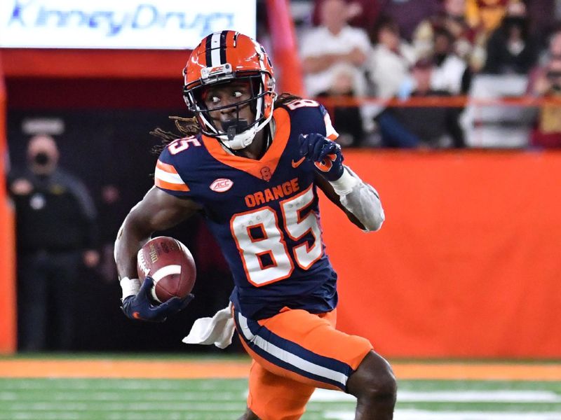 Oct 30, 2021; Syracuse, New York, USA; Syracuse Orange wide receiver Courtney Jackson (85) returns a punt for a touchdown against the Boston College Eagles in the third quarter at the Carrier Dome. Mandatory Credit: Mark Konezny-USA TODAY Sports