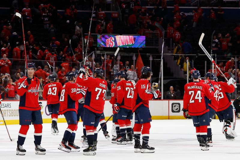 Oct 16, 2023; Washington, District of Columbia, USA; Washington Capitals players salute the fans after their game against the Calgary Flames at Capital One Arena. Mandatory Credit: Geoff Burke-USA TODAY Sports