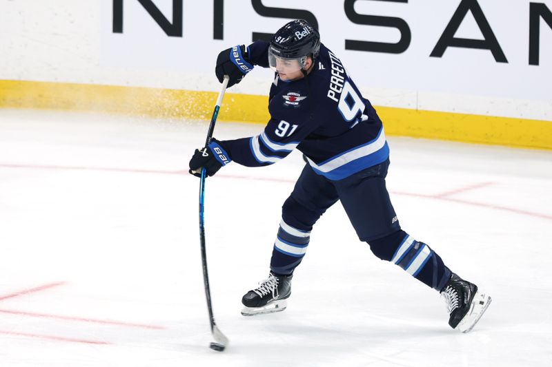 Dec 29, 2025; Winnipeg, Manitoba, CAN; Winnipeg Jets center Cole Perfetti (91) warms up before a game against the Edmonton Oilers at Canada Life Centre. Mandatory Credit: James Carey Lauder-Imagn Images