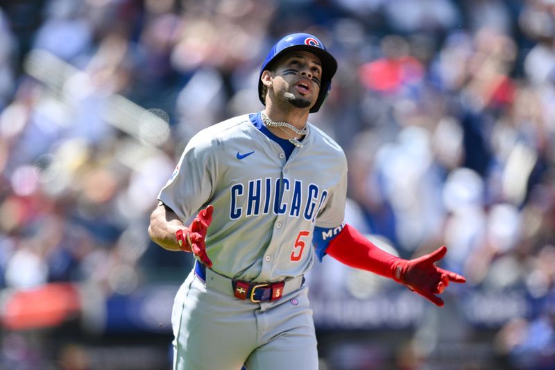 May 2, 2024; New York City, New York, USA; Chicago Cubs third baseman Christopher Morel (5) reacts after hitting a three run home run against the New York Mets during the fifth inning at Citi Field. Mandatory Credit: John Jones-USA TODAY Sports