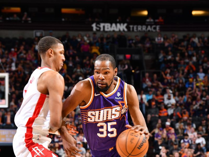 PHOENIX, AZ - MARCH 2: Kevin Durant #35 of the Phoenix Suns drives to the basket during the game against the Houston Rockets on March 2, 2024 at Footprint Center in Phoenix, Arizona. NOTE TO USER: User expressly acknowledges and agrees that, by downloading and or using this photograph, user is consenting to the terms and conditions of the Getty Images License Agreement. Mandatory Copyright Notice: Copyright 2024 NBAE (Photo by Barry Gossage/NBAE via Getty Images)