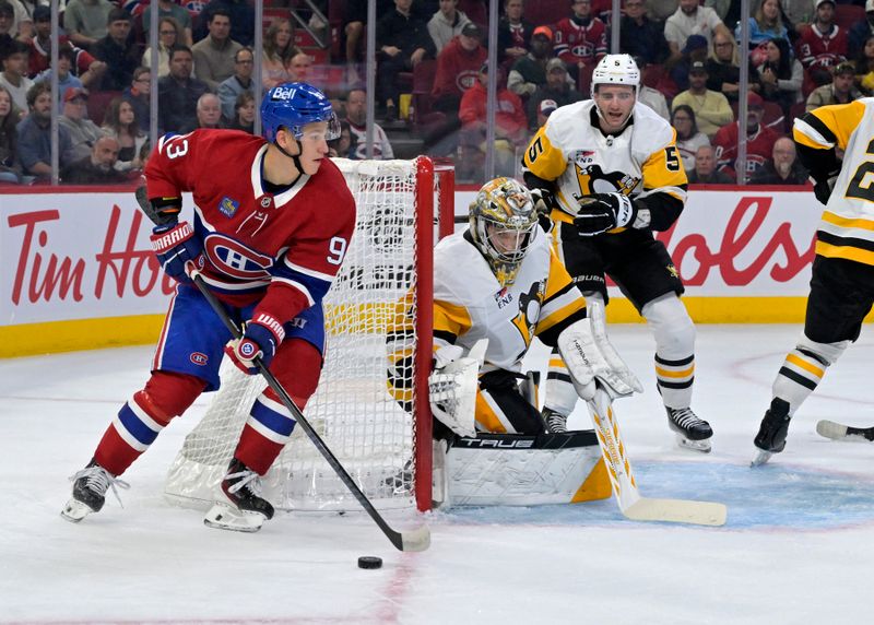 Sep 22, 2025; Montreal, Quebec, CAN; Montreal Canadiens forward Ivan Demidov (93) circles the net of Pittsburgh Penguins goalie Sergei Murashov (1) during the second period at the Bell Centre. Mandatory Credit: Eric Bolte-Imagn Images