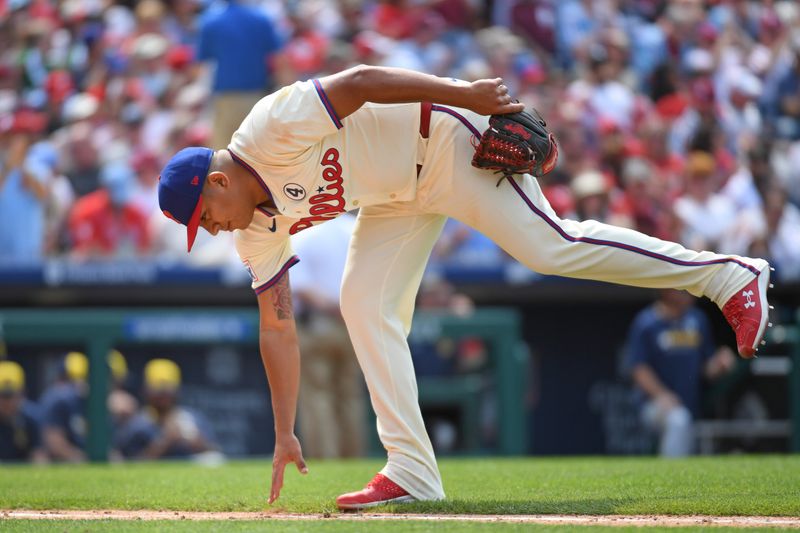 Jun 1, 2025; Philadelphia, Pennsylvania, USA; Philadelphia Phillies pitcher Ranger Suárez (55) walks off the field after being removed during the seventh inning against the Milwaukee Brewers at Citizens Bank Park. Mandatory Credit: Eric Hartline-Imagn Images