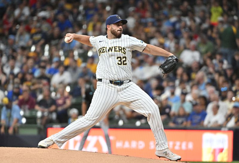 Sep 21, 2024; Milwaukee, Wisconsin, USA; Milwaukee Brewers pitcher Aaron Civale (32) delivers a pitch against the Arizona Diamondbacks in the first inning at American Family Field. Mandatory Credit: Michael McLoone-Imagn Images