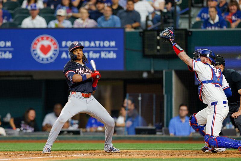 May 1, 2024; Arlington, Texas, USA: Washington Nationals shortstop CJ Abrams (5) is brushed back by a high pitch during the eighth inning against the Texas Rangers at Globe Life Field. Mandatory Credit: Andrew Dieb-USA TODAY Sports