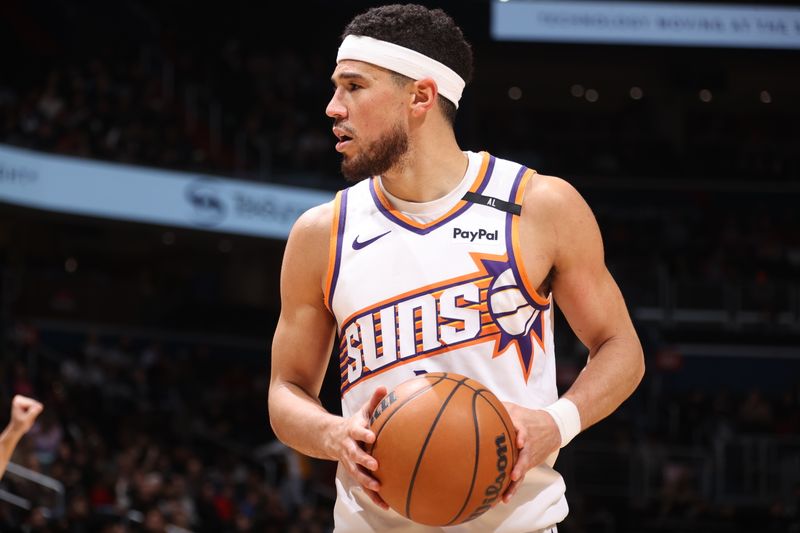 WASHINGTON, DC -? JANUARY 16: Devin Booker #1 of the Phoenix Suns handles the ball during the game against the Washington Wizards on January 16, 2025 at Capital One Arena in Washington, DC. NOTE TO USER: User expressly acknowledges and agrees that, by downloading and or using this Photograph, user is consenting to the terms and conditions of the Getty Images License Agreement. Mandatory Copyright Notice: Copyright 2024 NBAE (Photo by Kenny Giarla/NBAE via Getty Images)