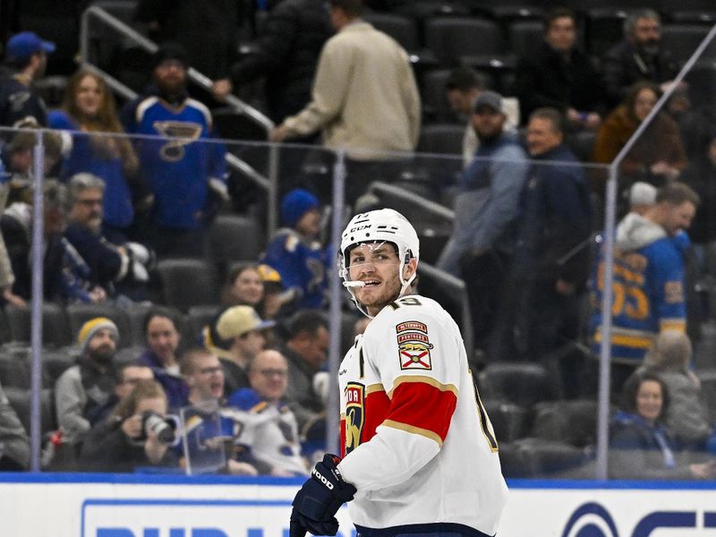 Jan 9, 2024; St. Louis, Missouri, USA;  Florida Panthers left wing Matthew Tkachuk (19) reacts after scoring a hat trick against the St. Louis Blues during the third period at Enterprise Center. Mandatory Credit: Jeff Curry-USA TODAY Sports