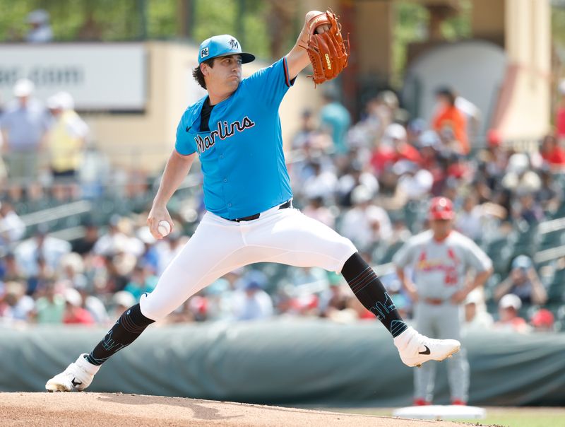 Mar 16, 2025; Jupiter, Florida, USA;  Miami Marlins starting pitcher Cal Quantrill (47) pitches against the St. Louis Cardinals during the first inning at Roger Dean Chevrolet Stadium. Mandatory Credit: Rhona Wise-Imagn Images
