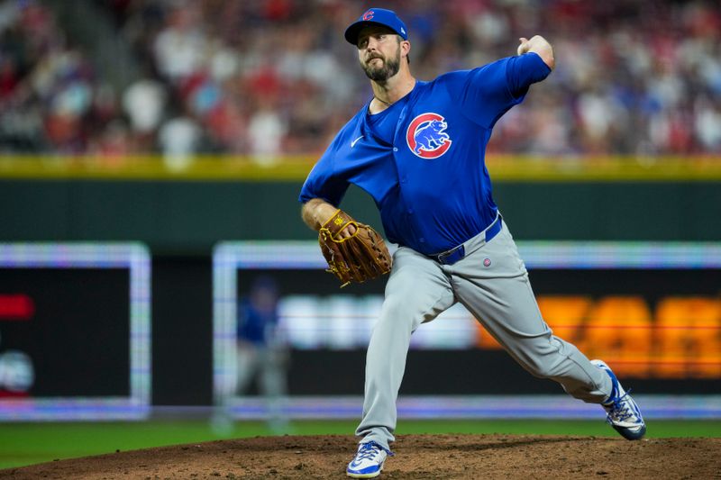Sep 20, 2025; Cincinnati, Ohio, USA; Chicago Cubs pitcher Drew Pomeranz (45) throws against the Cincinnati Reds in the fifth inning at Great American Ball Park. Mandatory Credit: Aaron Doster-Imagn Images