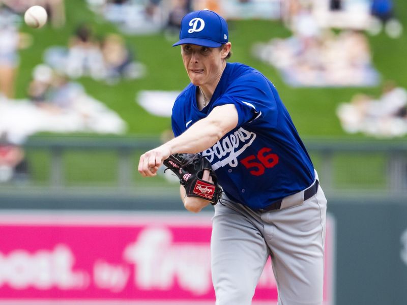 Feb 26, 2024; Salt River Pima-Maricopa, Arizona, USA; Los Angeles Dodgers pitcher Ryan Yarbrough against the Colorado Rockies during a spring training game at Salt River Fields at Talking Stick. Mandatory Credit: Mark J. Rebilas-USA TODAY Sports