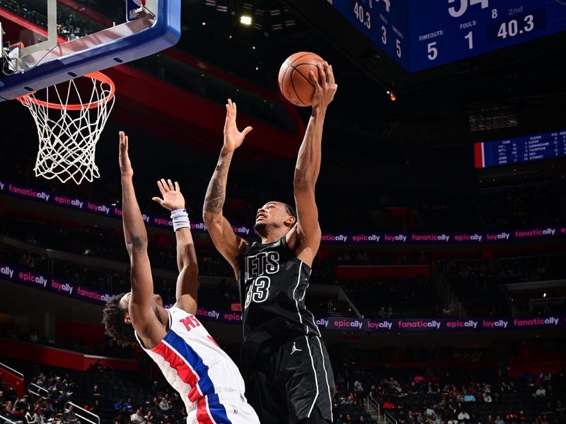 DETROIT, MI - MARCH 7: Nicolas Claxton #33 of the Brooklyn Nets shoots the ball during the game against the Detroit Pistons on March 7, 2024 at Little Caesars Arena in Detroit, Michigan. NOTE TO USER: User expressly acknowledges and agrees that, by downloading and/or using this photograph, User is consenting to the terms and conditions of the Getty Images License Agreement. Mandatory Copyright Notice: Copyright 2024 NBAE (Photo by Chris Schwegler/NBAE via Getty Images)