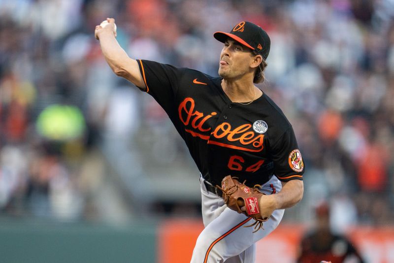 Jun 2, 2023; San Francisco, California, USA; Baltimore Orioles starting pitcher Dean Kremer (64) delivers a pitch against the San Francisco Giants during the first inning at Oracle Park. Mandatory Credit: Neville E. Guard-USA TODAY Sports