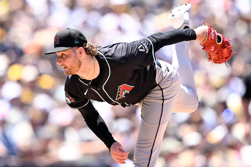 Jul 7, 2024; San Diego, California, USA; Arizona Diamondbacks starting pitcher Ryne Nelson (19) pitches against the San Diego Padres during the third inning at Petco Park. Mandatory Credit: Orlando Ramirez-USA TODAY Sports