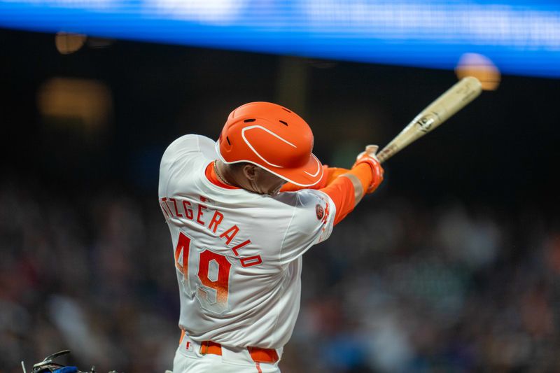 Jul 9, 2024; San Francisco, California, USA;  San Francisco Giants short stop Tyler Fitzgerald (49) hits a solo home run against the Toronto Blue Jays during the eighth inning at Oracle Park. Mandatory Credit: Neville E. Guard-USA TODAY Sports