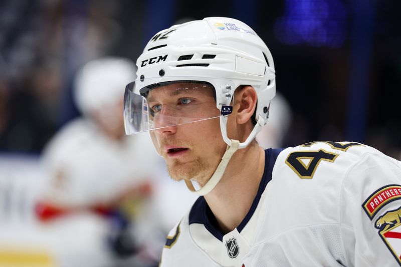 Apr 24, 2025; Tampa, Florida, USA; Florida Panthers defenseman Gustav Forsling (42) warms up before game two of the first round of the 2025 Stanley Cup Playoffs against the Tampa Bay Lightning at Amalie Arena. Mandatory Credit: Nathan Ray Seebeck-Imagn Images