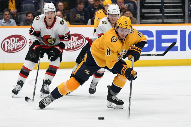 Feb 27, 2024; Nashville, Tennessee, USA; Nashville Predators center Cody Glass (8) skates with the puck during the third period against the Ottawa Senators at Bridgestone Arena. Mandatory Credit: Christopher Hanewinckel-USA TODAY Sports