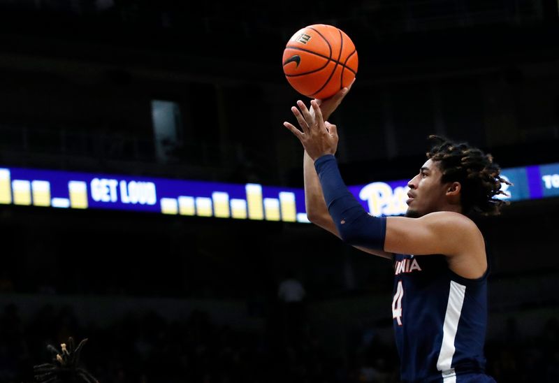 Jan 3, 2023; Pittsburgh, Pennsylvania, USA;  Virginia Cavaliers guard Armaan Franklin (4) shoots the ball against the Pittsburgh Panthers during the second half at the Petersen Events Center. Pittsburgh won 68-65. Mandatory Credit: Charles LeClaire-USA TODAY Sports