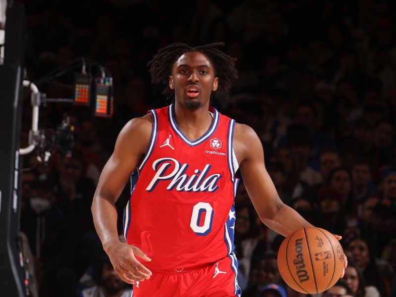 NEW YORK, NY - APRIL 20:  Tyrese Maxey #0 of the Philadelphia 76ers handles the ball during the game  against the New York Knicks during Round 1 Game 1 of the 2024 NBA Playoffs on April 20, 2024 at Madison Square Garden in New York City, New York.  NOTE TO USER: User expressly acknowledges and agrees that, by downloading and or using this photograph, User is consenting to the terms and conditions of the Getty Images License Agreement. Mandatory Copyright Notice: Copyright 2024 NBAE  (Photo by Nathaniel S. Butler/NBAE via Getty Images)