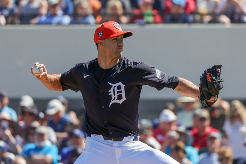 Feb 26, 2024; Lakeland, Florida, USA; Detroit Tigers starting pitcher Jack Flaherty (45) pitches during the first inning against the Houston Astros at Publix Field at Joker Marchant Stadium. Mandatory Credit: Mike Watters-USA TODAY Sports