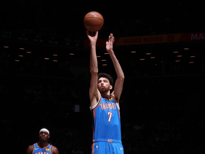 BROOKLYN, NY - JANUARY 5: Chet Holmgren #7 of the Oklahoma City Thunder shoots a free throw during the game on January 5, 2024 at Barclays Center in Brooklyn, New York. NOTE TO USER: User expressly acknowledges and agrees that, by downloading and or using this Photograph, user is consenting to the terms and conditions of the Getty Images License Agreement. Mandatory Copyright Notice: Copyright 2024 NBAE (Photo by Nathaniel S. Butler/NBAE via Getty Images)