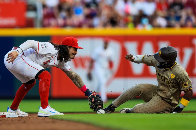 May 21, 2024; Cincinnati, Ohio, USA; Cincinnati Reds second baseman Jonathan India (6) tags San Diego Padres outfielder Jurickson Profar (10) out at second in the sixth inning at Great American Ball Park. Mandatory Credit: Katie Stratman-USA TODAY Sports