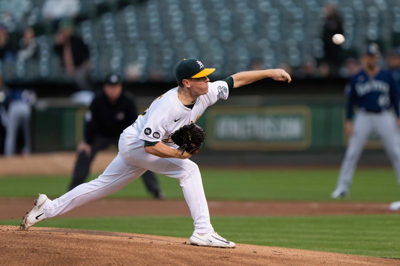 Sep 18, 2023; Oakland, California, USA;  Oakland Athletics starting pitcher JP Sears (38) pitches during the first inning against the Seattle Mariners at Oakland-Alameda County Coliseum. Mandatory Credit: Stan Szeto-USA TODAY Sports