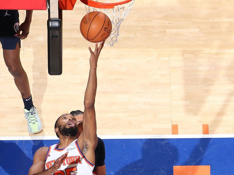 NEW YORK, NY - NOVEMBER 18: Mikal Bridges #25 of the New York Knicks drives to the basket during the game against the Washington Wizards on November 18, 2024 at Madison Square Garden in New York City, New York.  NOTE TO USER: User expressly acknowledges and agrees that, by downloading and or using this photograph, User is consenting to the terms and conditions of the Getty Images License Agreement. Mandatory Copyright Notice: Copyright 2024 NBAE  (Photo by Nathaniel S. Butler/NBAE via Getty Images)