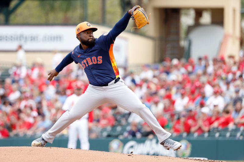 Mar 7, 2024; Jupiter, Florida, USA; Houston Astros starting pitcher Cristian Javier (53) pitches against the St. Louis Cardinals in the first inning at Roger Dean Chevrolet Stadium. Mandatory Credit: Rhona Wise-USA TODAY Sports