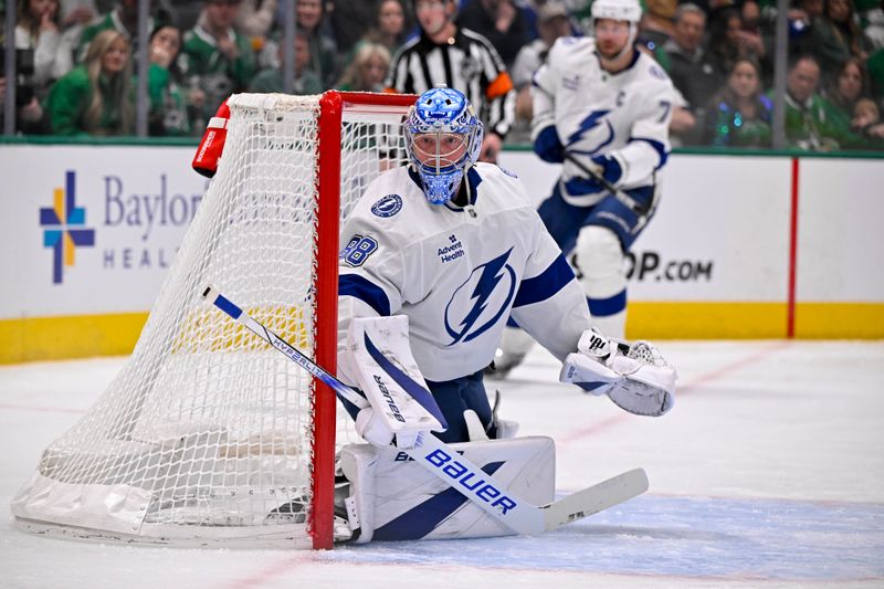 Mar 20, 2025; Dallas, Texas, USA; Tampa Bay Lightning goaltender Andrei Vasilevskiy (88) faces the Dallas Stars attack during the second period at the American Airlines Center. Mandatory Credit: Jerome Miron-Imagn Images