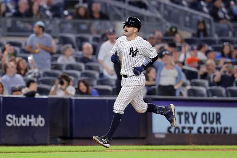 Sep 20, 2023; Bronx, New York, USA; New York Yankees catcher Austin Wells (88) rounds the bases after hitting a solo home run against the Toronto Blue Jays during the ninth inning at Yankee Stadium. Mandatory Credit: Brad Penner-USA TODAY Sports