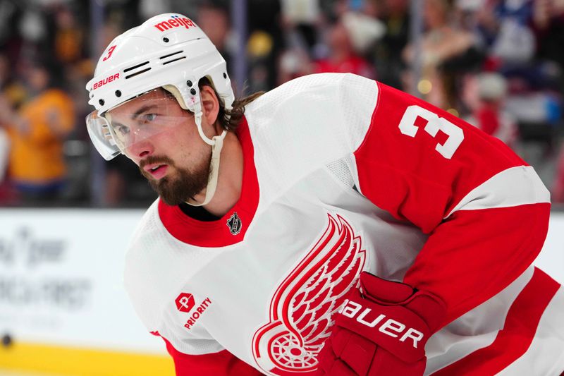 Mar 9, 2024; Las Vegas, Nevada, USA; Detroit Red Wings defenseman Justin Holl (3) warms up before a game against the Vegas Golden Knights at T-Mobile Arena. Mandatory Credit: Stephen R. Sylvanie-USA TODAY Sports