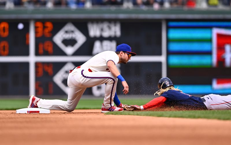 May 7, 2023; Philadelphia, Pennsylvania, USA; Philadelphia Phillies shortstop Trea Turner (7) tags out Boston Red Sox outfielder Raimel Tapia (17) in the fourth inning at Citizens Bank Park. Mandatory Credit: Kyle Ross-USA TODAY Sports