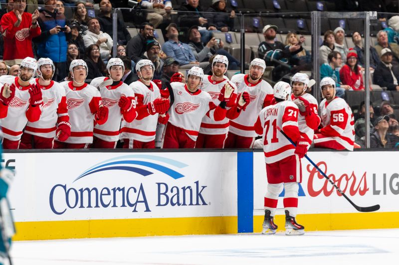 Nov 18, 2024; San Jose, California, USA; The Red Wings celebrate a goal during the first period against the San Jose Sharks at SAP Center at San Jose. Mandatory Credit: Bob Kupbens-Imagn Images