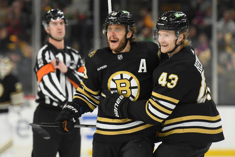 Mar 19, 2024; Boston, Massachusetts, USA; Boston Bruins right wing David Pastrnak (88) reacts with left wing Danton Heinen (43) after scoring his third goal of the game during the third period against the Ottawa Senators at TD Garden. Mandatory Credit: Bob DeChiara-USA TODAY Sports